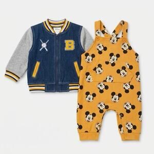 Vintage Disney Mickey Mouse Overall Baseball Jacket Baby 12M Outfit Set Of 2 PCs